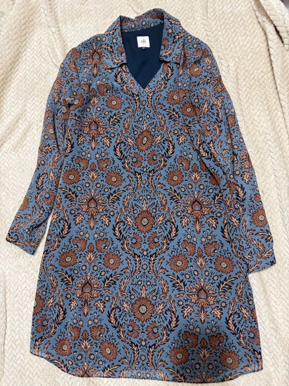 CAbi Blue and Brown Long-Sleeve Floral Tunic Dress